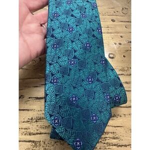TED BAKER Men's 100% Silk Skinny Necktie Designer Floral  Green/Blue EUC